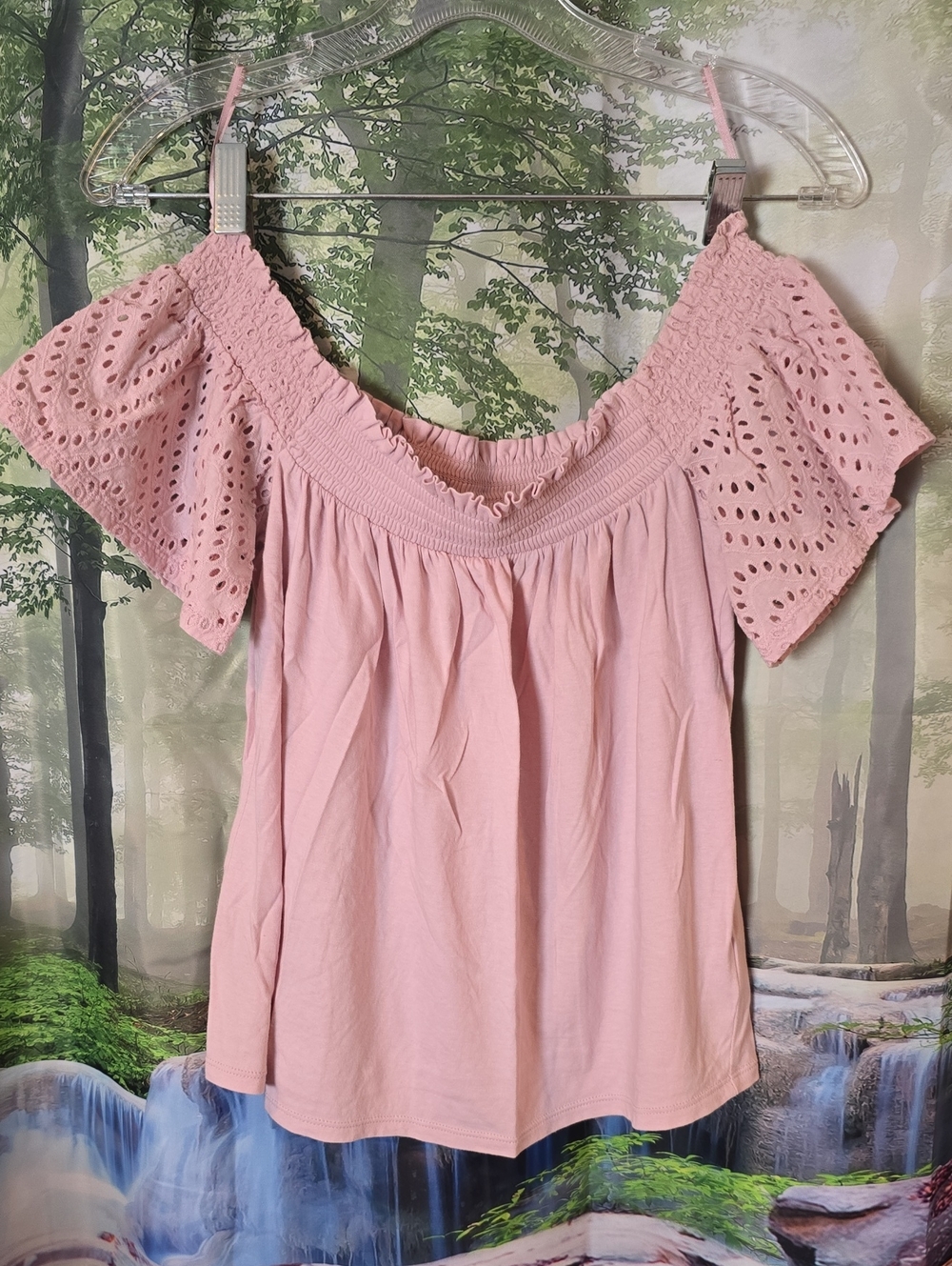 Express Pink Off-Shoulder Eyelet Sleeve Top